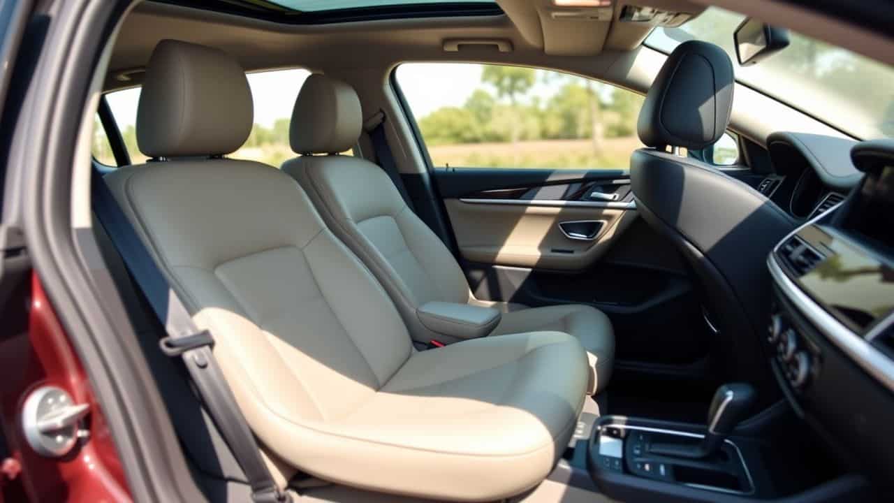 Een orthopedisch autostoelkussen voor rugondersteuning in een luxe auto.