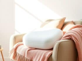 Een orthopedisch draaikussen omringd door kussens en een deken.