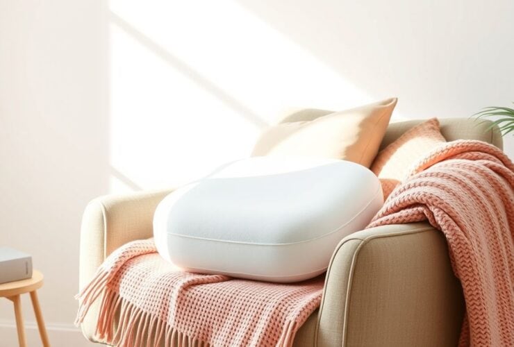 Een orthopedisch draaikussen omringd door kussens en een deken.