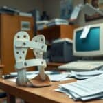Een rommelig bureau met een orthopedische brace.