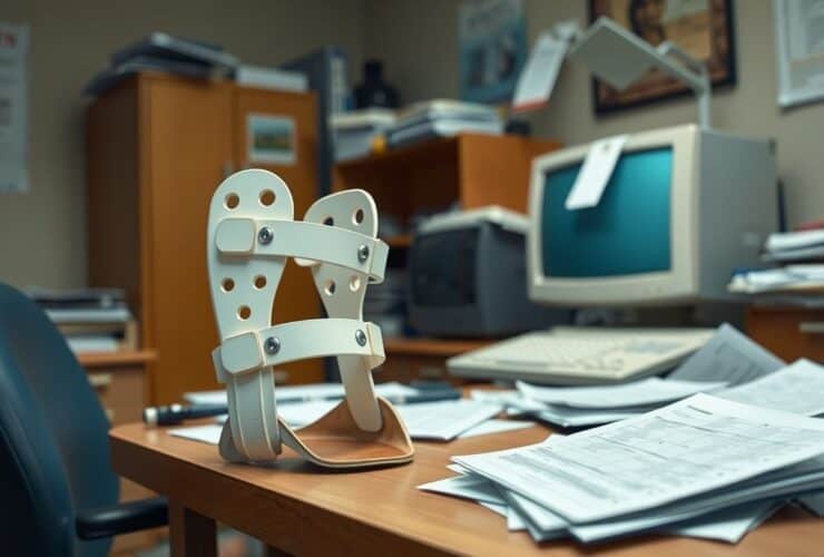 Een rommelig bureau met een orthopedische brace.