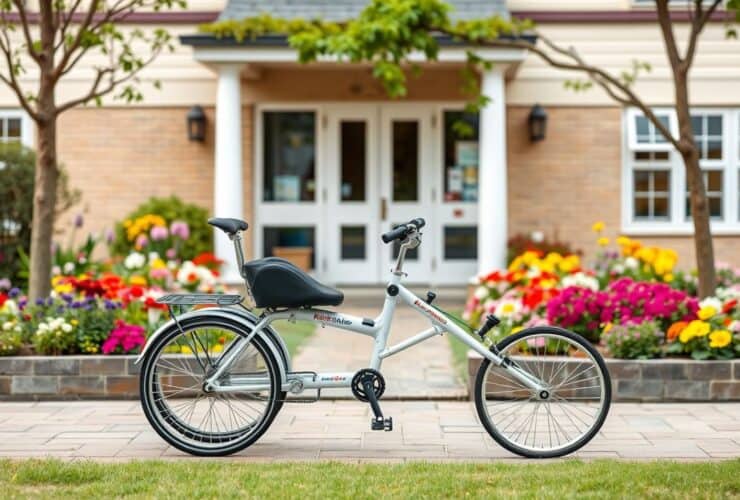 Een orthopedische driewieler bij een rustig verpleeghuis, omgeven door een levendige tuin.