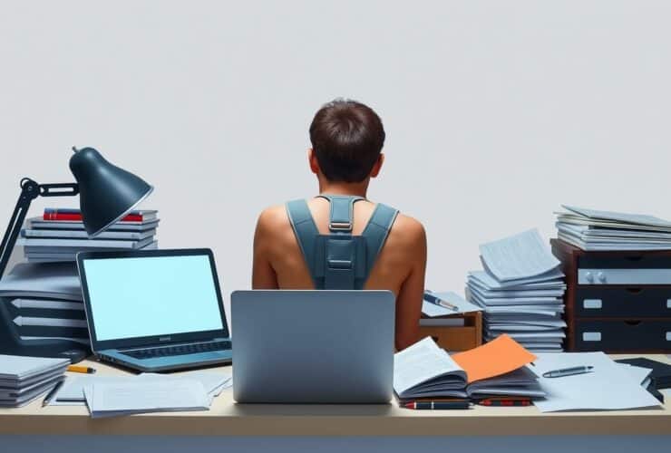 Een orthopedische houdingscorrector ligt op een rommelig bureau naast een laptop en onderzoeksdocumenten.