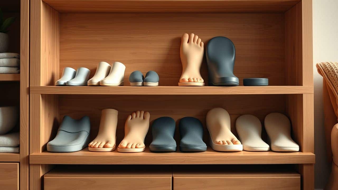 Een houten plank met diverse orthopedische voetondersteuningen in een gezellige woonkamer.