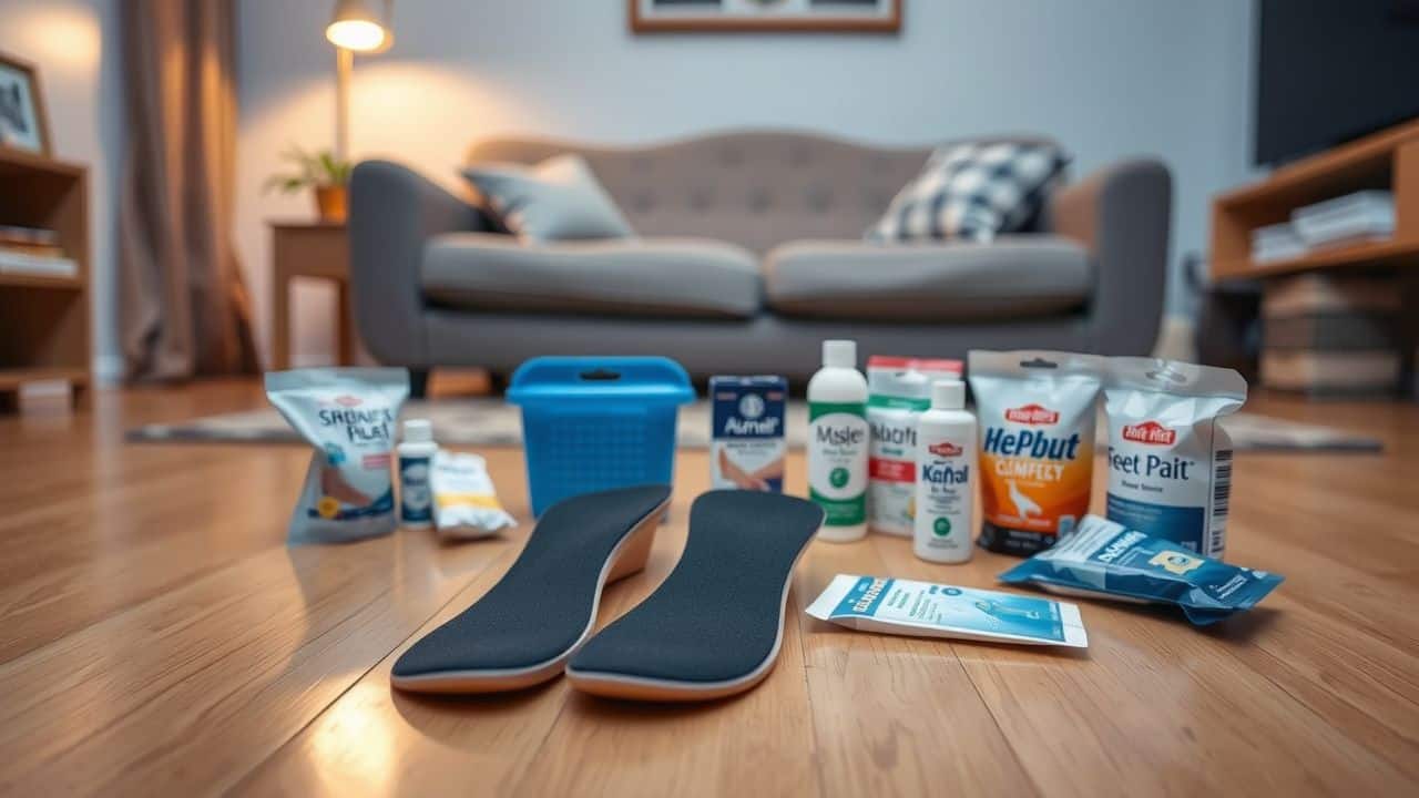 Een verzameling van orthopedische inlegzolen en pijnverlichtingsproducten op een houten vloer in een gezellige woonkamer.