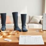 Orthopedische compressiesokken worden gepresenteerd op een houten tafel.