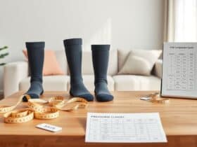 Orthopedische compressiesokken worden gepresenteerd op een houten tafel.