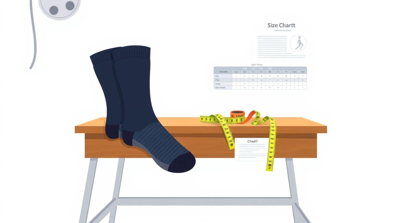 Een paar orthopedische compressiekousen en meetinstrumenten op een tafel. Een paar orthopedische compressiekousen en meetinstrumenten op een tafel.