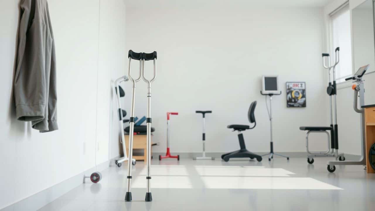 Een paar orthopedische krukken in een fysiotherapie ruimte. Een paar orthopedische krukken in een fysiotherapie ruimte.