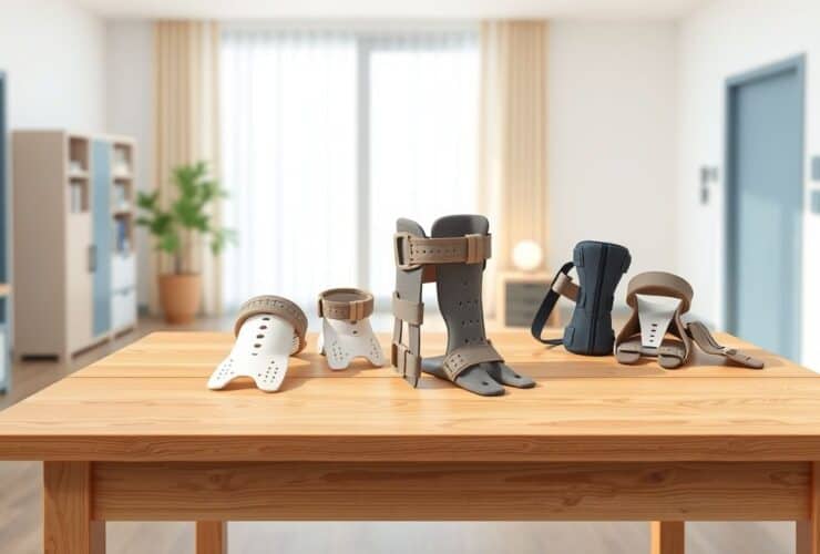 Een opgeruimde kliniekruimte met orthopedische beugels op een houten tafel.