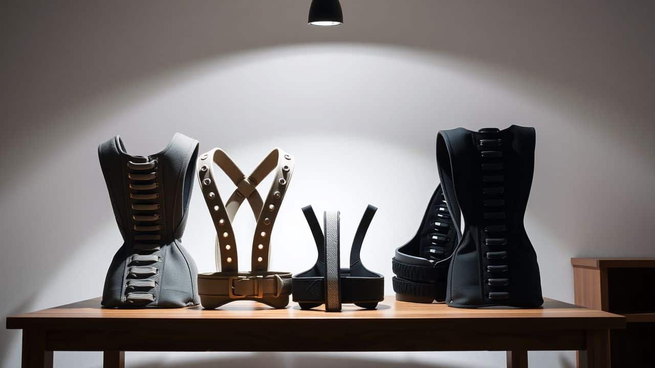 Een verscheidenheid aan orthopedische rugbraces op een houten tafel.