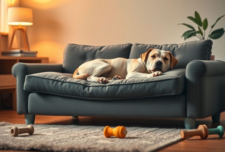 Een oudere hond ontspant op een comfortabele orthopedische bank in een gezellige woonkamer.
