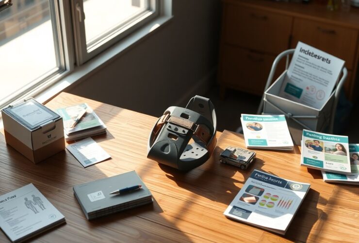 Een tafel met medische benodigdheden en orthopedische brace.