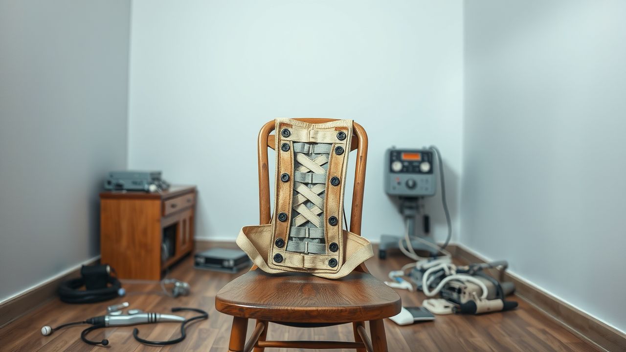 Een oude orthopedische rugbrace rust op een houten stoel in een verlaten kamer. Een oude orthopedische rugbrace rust op een houten stoel in een verlaten kamer.