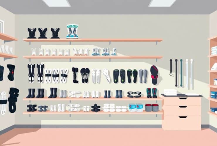 Een netjes georganiseerde orthopedische kliniek in Arnhem met braces en mobiliteitshulpmiddelen.