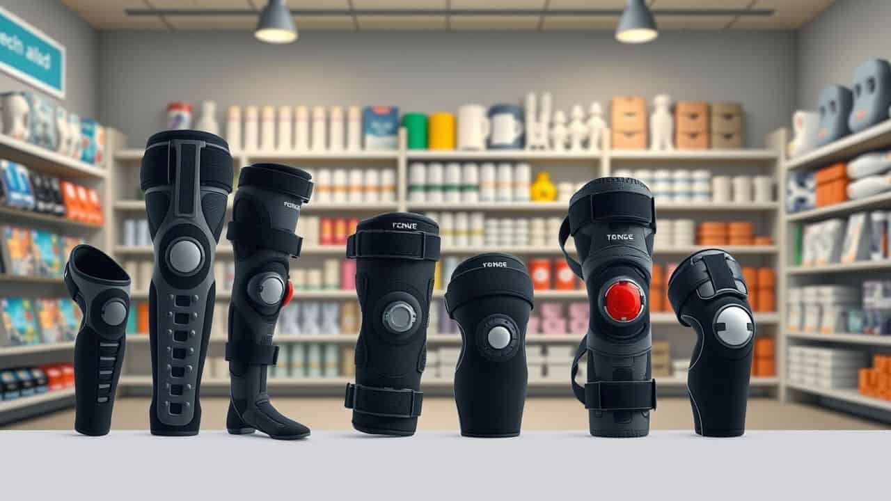 Een assortiment van orthopedische kniebraces op display in een winkel.