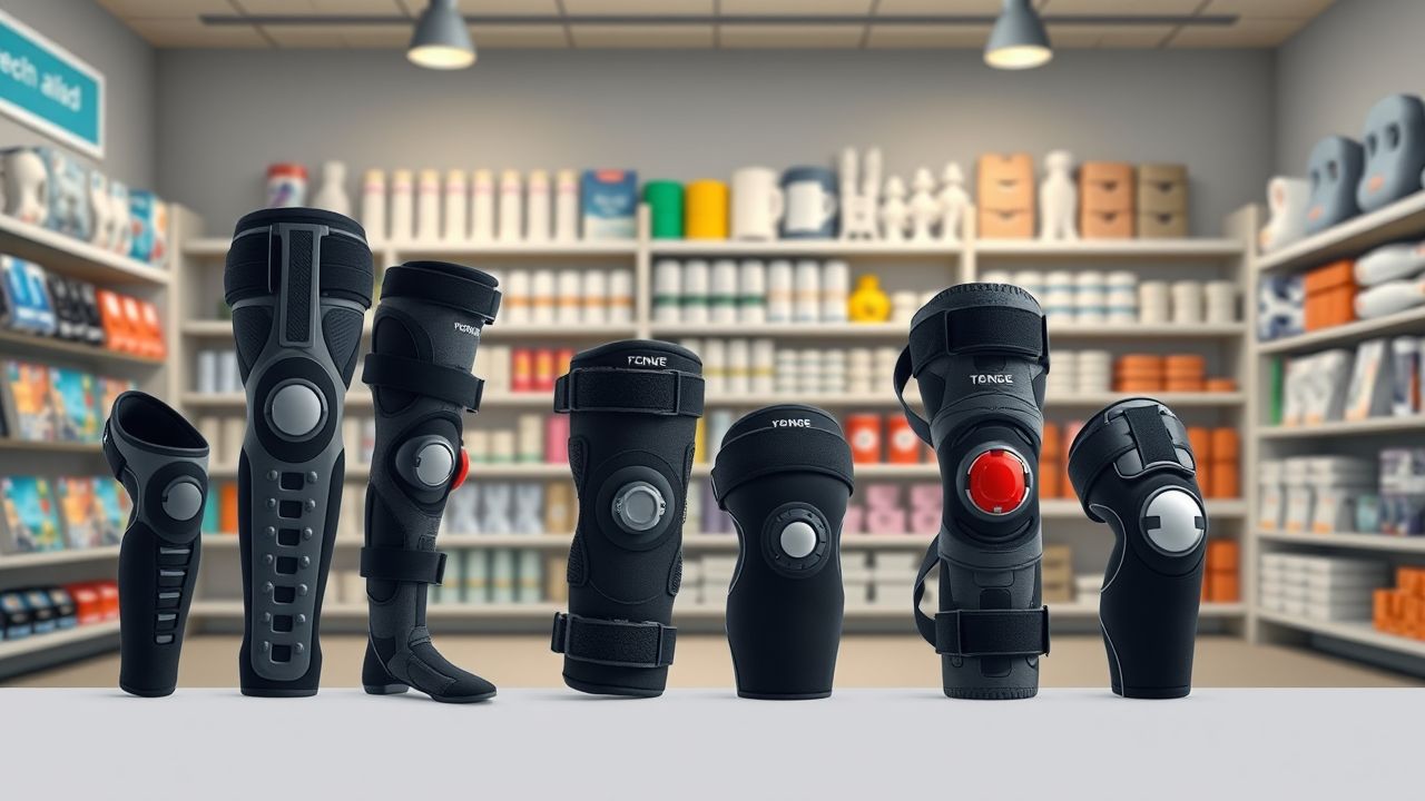 Een assortiment van orthopedische kniebraces op display in een winkel.
