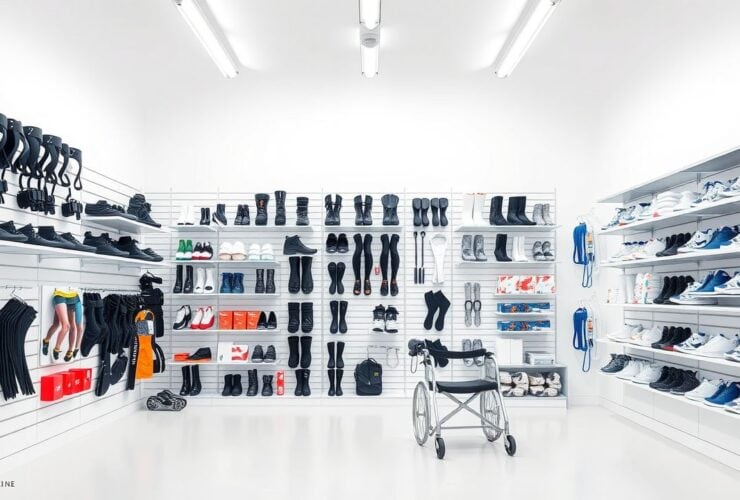Een orthopedische schoenenwinkel met hulpmiddelen voor mobiliteit en beugels.