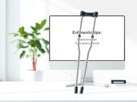 Een orthopedische kruk in een moderne kantooromgeving met ergonomische tips.