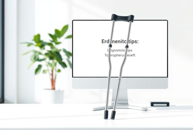 Een orthopedische kruk in een moderne kantooromgeving met ergonomische tips.